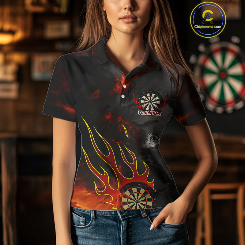 Flaming Dartboard Grunge Custom Red Dart Polo Shirts For Women, Dart Team Jerseys NYN0793