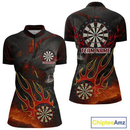 Flaming Dartboard Grunge Custom Red Dart 1/4-Zip Shirts For Women, Dart Team Jerseys NYN0793