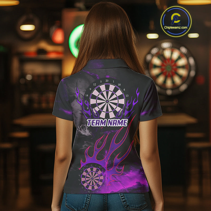 Flaming Dartboard Grunge Custom Purple Dart Polo Shirts For Women, Dart Team Jerseys NYN0794