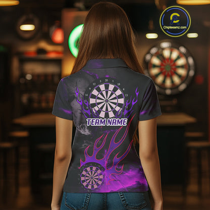 Flaming Dartboard Grunge Custom Purple Dart Polo Shirts For Women, Dart Team Jerseys NYN0794