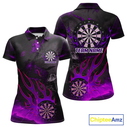 Flaming Dartboard Grunge Custom Purple Dart Polo Shirts For Women, Dart Team Jerseys NYN0794