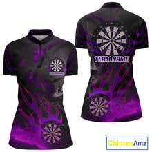 Load image into Gallery viewer, Flaming Dartboard Grunge Custom Purple Dart 1/4-Zip Shirts For Women, Dart Team Jerseys NYN0794