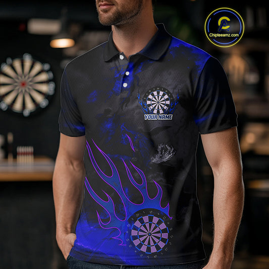 Flaming Dartboard Grunge Custom Blue Dart Polo Shirts For Men, Dart Team Jerseys NYN0795