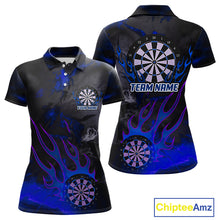 Load image into Gallery viewer, Flaming Dartboard Grunge Custom Blue Dart Polo Shirts For Women, Dart Team Jerseys NYN0795