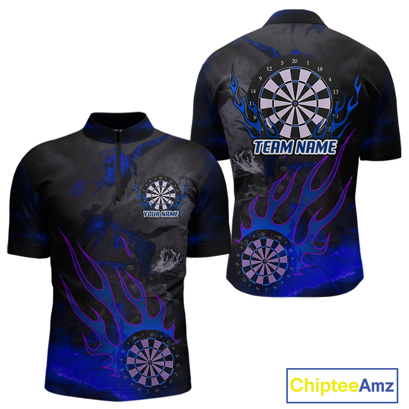 Flaming Dartboard Grunge Custom Blue Dart 1/4-Zip Shirts For Men, Dart Team Jerseys NYN0795