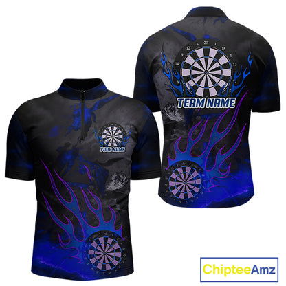 Flaming Dartboard Grunge Custom Blue Dart 1/4-Zip Shirts For Men, Dart Team Jerseys NYN0795