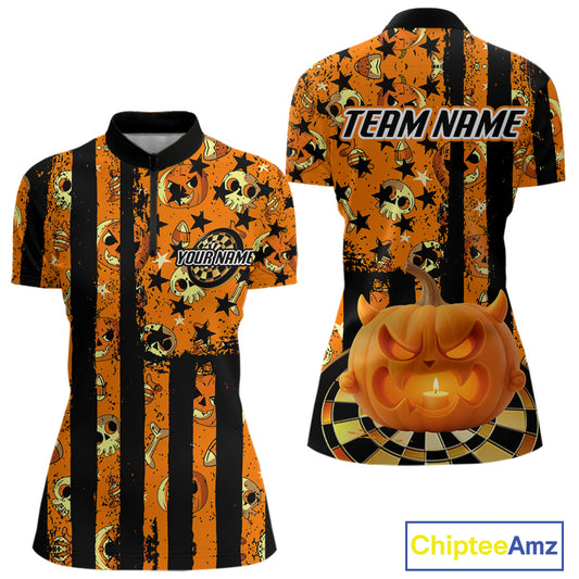 Pumpkin & Dartboard Custom Funny Halloween Dart 1/4-Zip Shirts For Women, Dart Team Jerseys NYN0805