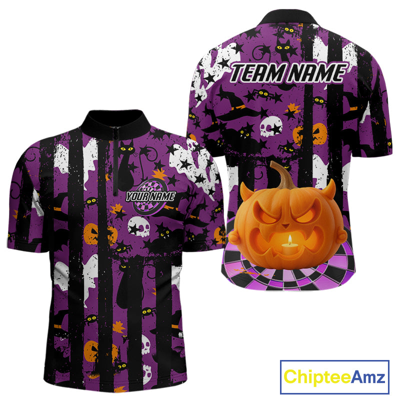 Pumpkin & Dartboard Custom Funny Halloween Dart 1/4-Zip Shirts For Men, Dart Team Jerseys NYN0806