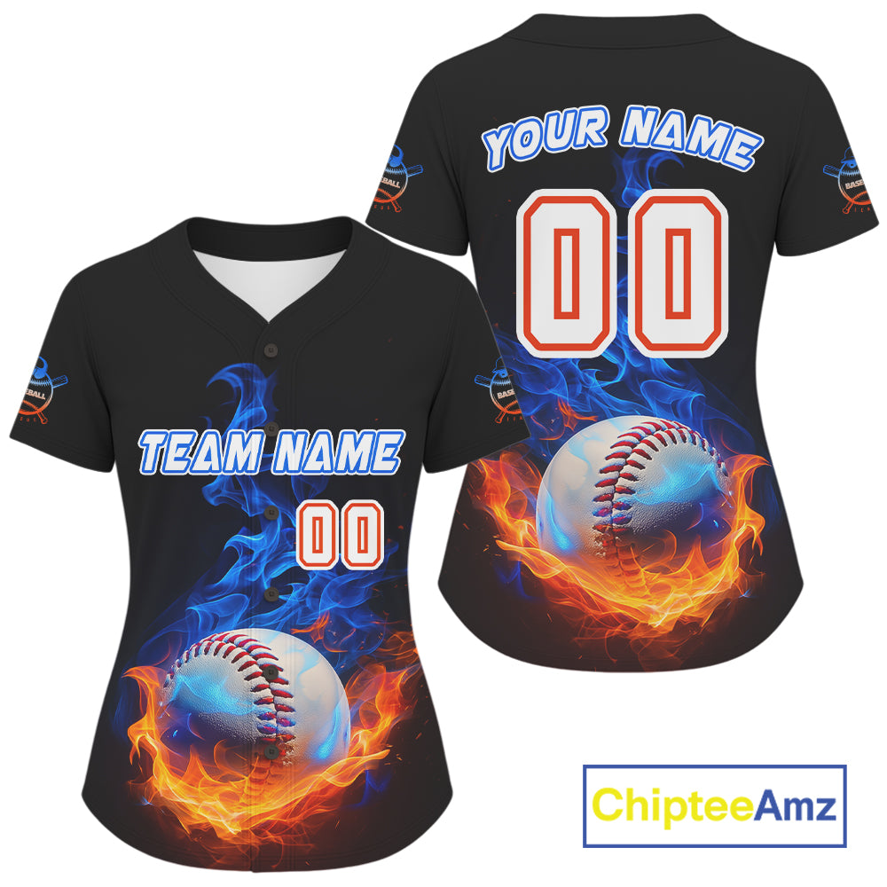 Flaming 3D Ball Custom Baseball Jersey For Women Personalized With Name & Number NYN0896