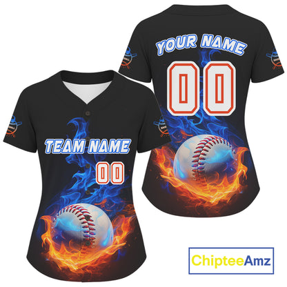 Flaming 3D Ball Custom Baseball Jersey For Women Personalized With Name & Number NYN0896