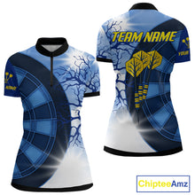 Load image into Gallery viewer, Blue Dartboard &amp; Yellow Dart Arrows Women&#39;s Dart Shirt - Custom Name For Darts Jersey NYN0444
