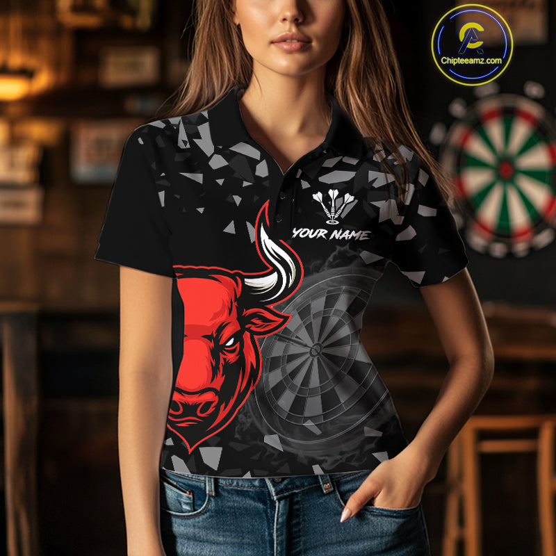Bull & Dartboard Custom Grunge Women's Darts Polo Shirt  - Red Darts Team Jersey NYN0716