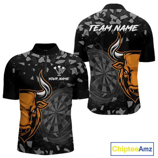 Bull & Dartboard Custom Grunge Men's Darts Quarter-Zip Shirt - Orange Darts Team Jersey NYN0717