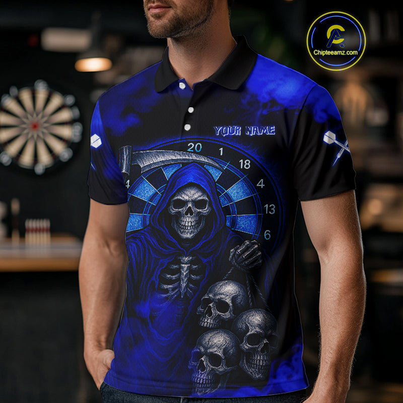 Grim Reaper With Skulls Navy Smoke Men's Darts Team Shirt - Custom Name For Players NYN0501