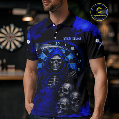 Grim Reaper With Skulls Navy Smoke Men's Darts Team Shirt - Custom Name For Players NYN0501