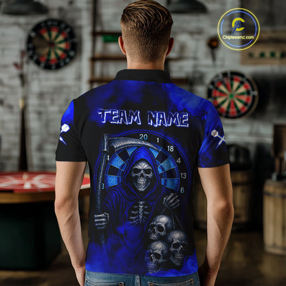Grim Reaper With Skulls Navy Smoke Men's Darts Team Shirt - Custom Name For Players NYN0501