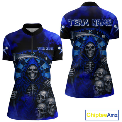 Grim Reaper With Skulls Navy Smoke Women's Darts Team Shirt - Custom Name For Players NYN0501