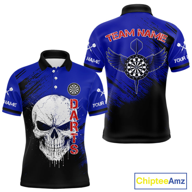 Blue Black Wings Darts And Skull Men's Darts Team Shirt - Custom Name For Players NYN0505