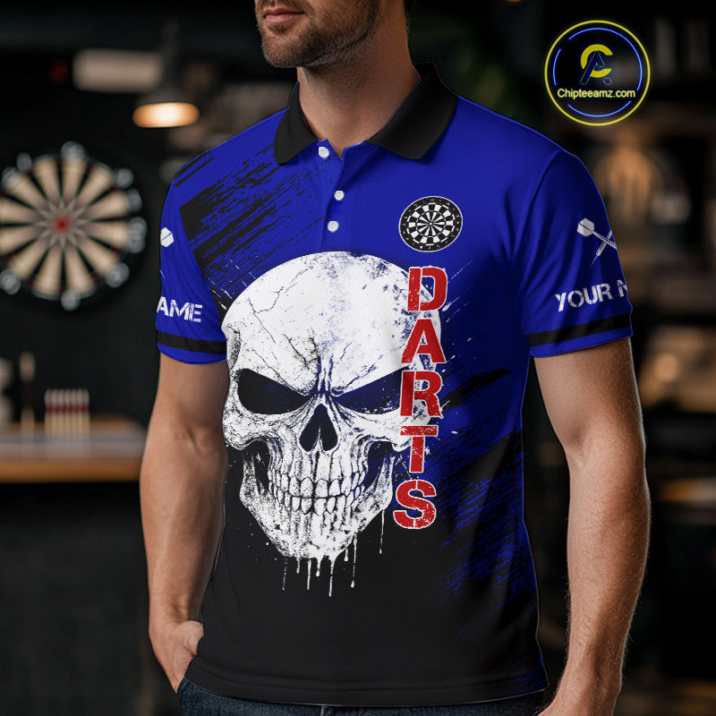 Blue Black Wings Darts And Skull Men's Darts Team Shirt - Custom Name For Players NYN0505
