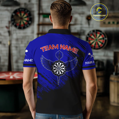 Blue Black Wings Darts And Skull Men's Darts Team Shirt - Custom Name For Players NYN0505