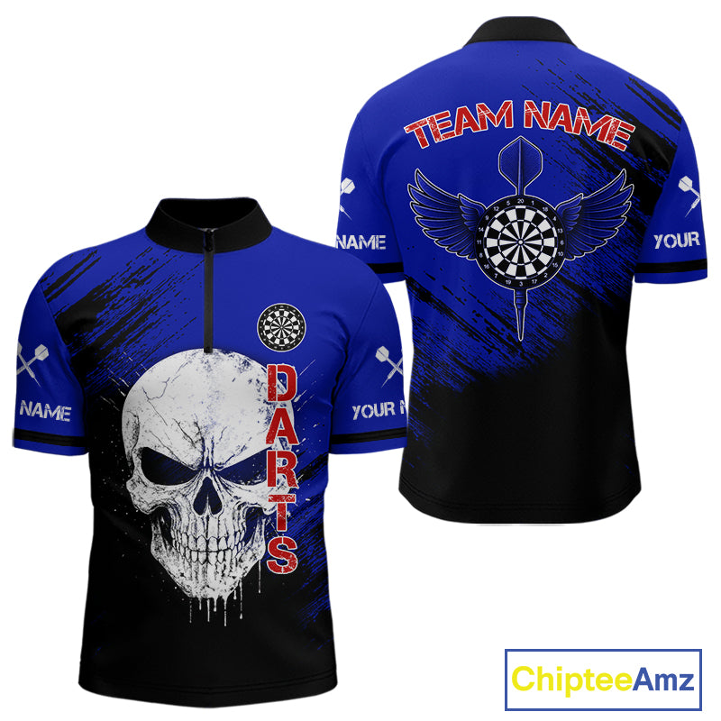 Blue Black Wings Darts And Skull Men's Darts Team Shirt - Custom Name For Players NYN0505