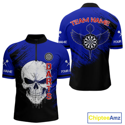 Blue Black Wings Darts And Skull Men's Darts Team Shirt - Custom Name For Players NYN0505