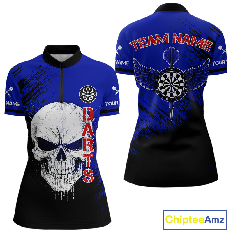 Blue Black Wings Darts And Skull Women's Darts Team Shirt - Custom Name For Players NYN0505