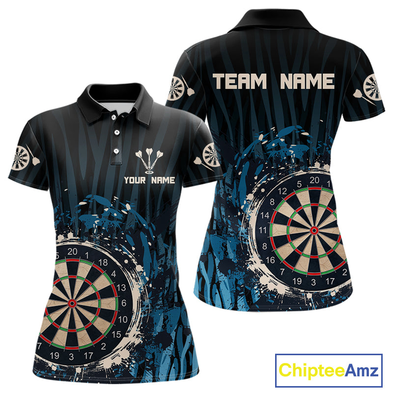 Women’s Custom Darts Team Shirt With Blue Splashed Art, Black Stripes And Dartboard NYN0255