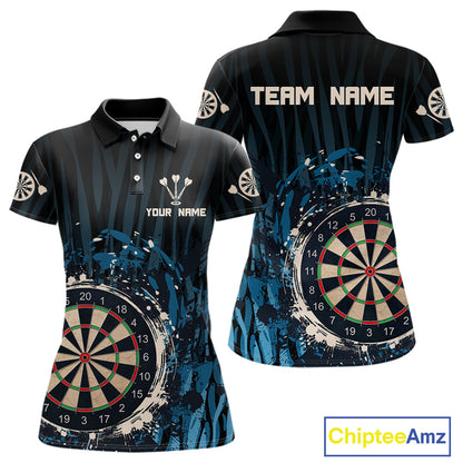Women’s Custom Darts Team Shirt With Blue Splashed Art, Black Stripes And Dartboard NYN0255