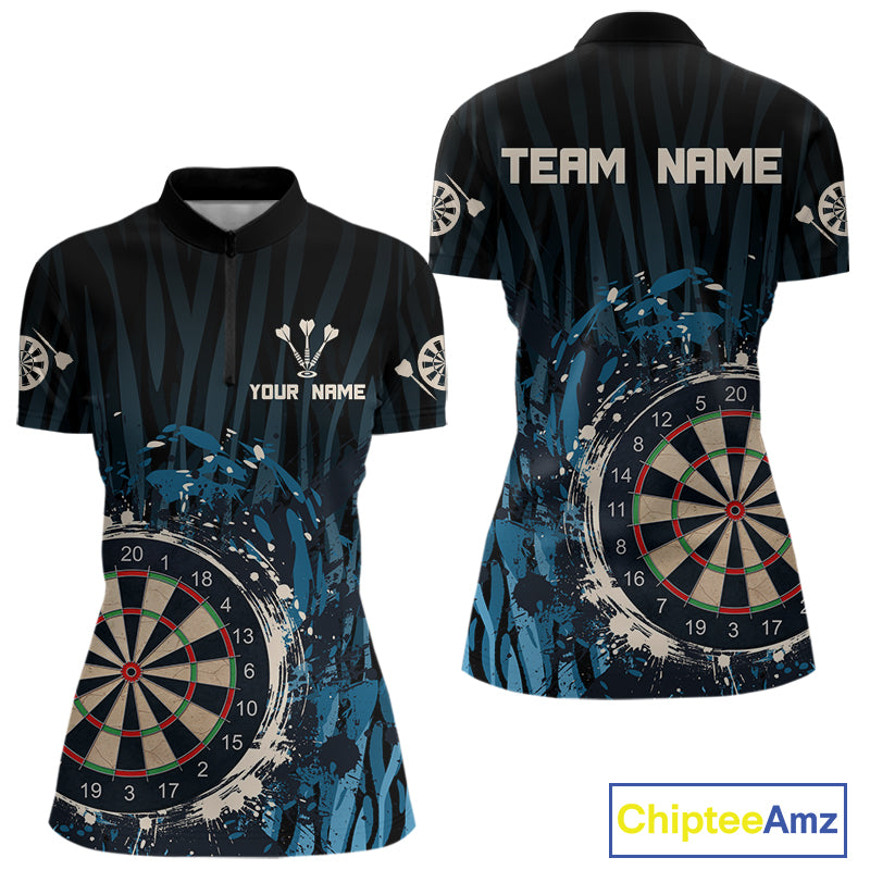 Women’s Custom Darts Team Shirt With Blue Splashed Art, Black Stripes And Dartboard NYN0255