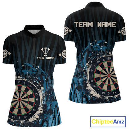 Women’s Custom Darts Team Shirt With Blue Splashed Art, Black Stripes And Dartboard NYN0255