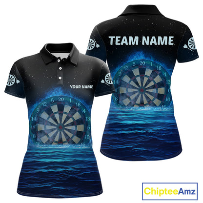 Women’s Personalized Darts Shirts With Navy Ocean, Stars Sky And Glowing Dartboard NYN0259