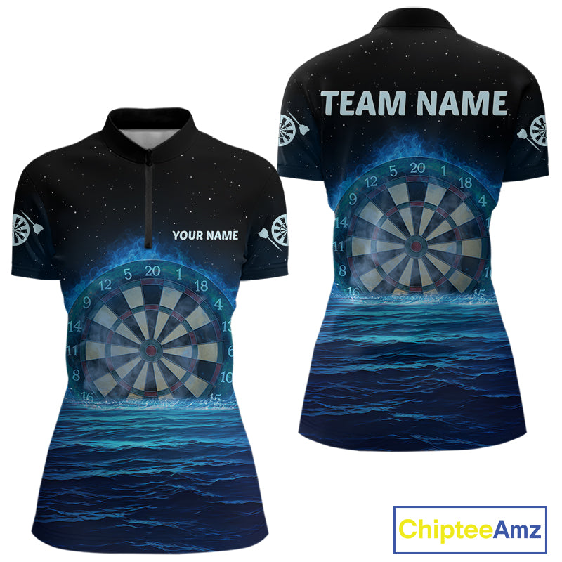Women’s Personalized Darts Shirts With Navy Ocean, Stars Sky And Glowing Dartboard NYN0259