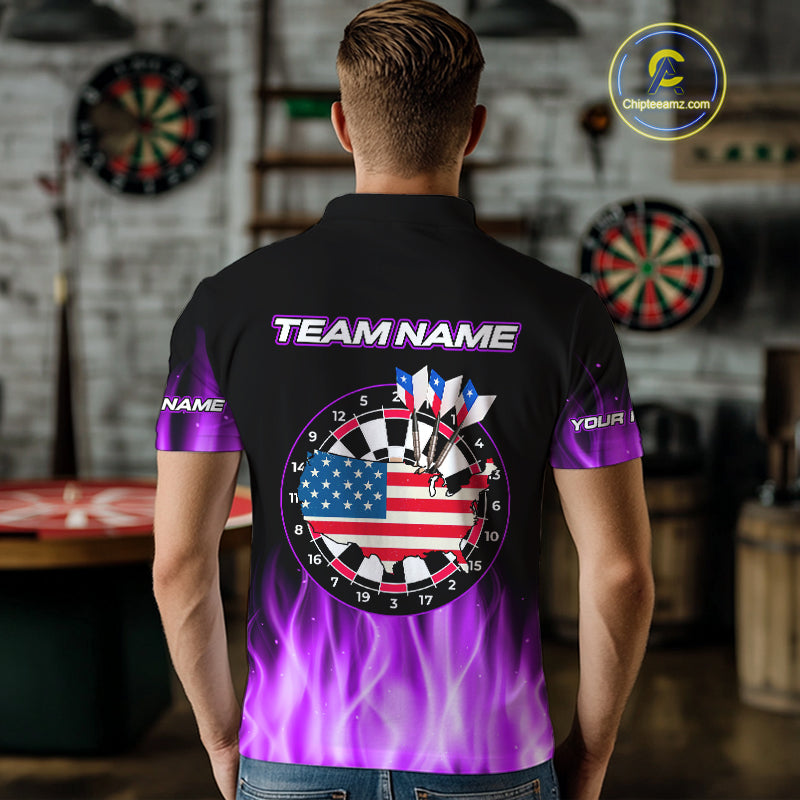 Custom Purple Flames Patriotic Dart Shirt For Men American Flag Dart Team Jerseys NYN1053