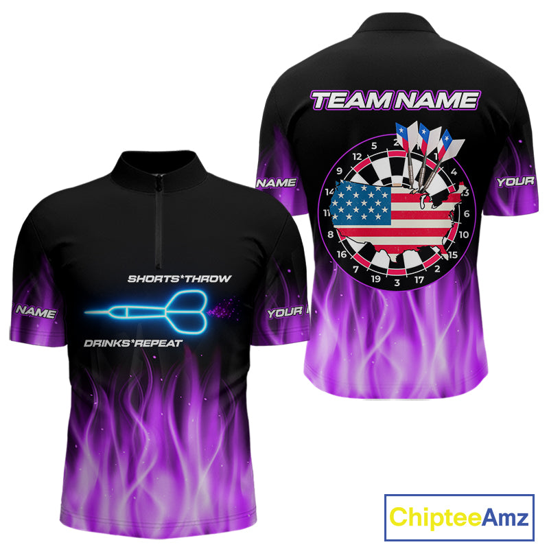 Custom Purple Flames Patriotic Dart Shirt For Men American Flag Dart Team Jerseys NYN1053