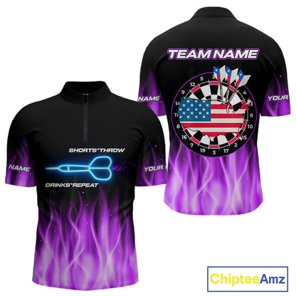 Custom Purple Flames Patriotic Dart Shirt For Men American Flag Dart Team Jerseys NYN1053