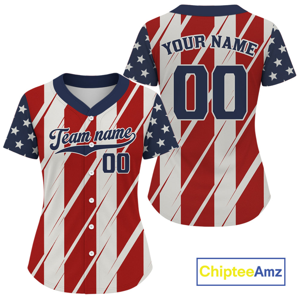 Custom Red And Blue USA Flag Baseball Shirt For Women Youth Patriotic Baseball Jersey NYN1380