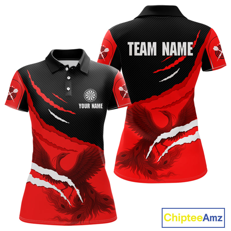 Custom Dart Team Shirt For Women With Crimson Phoenix On Black Linear Pattern NYN0277