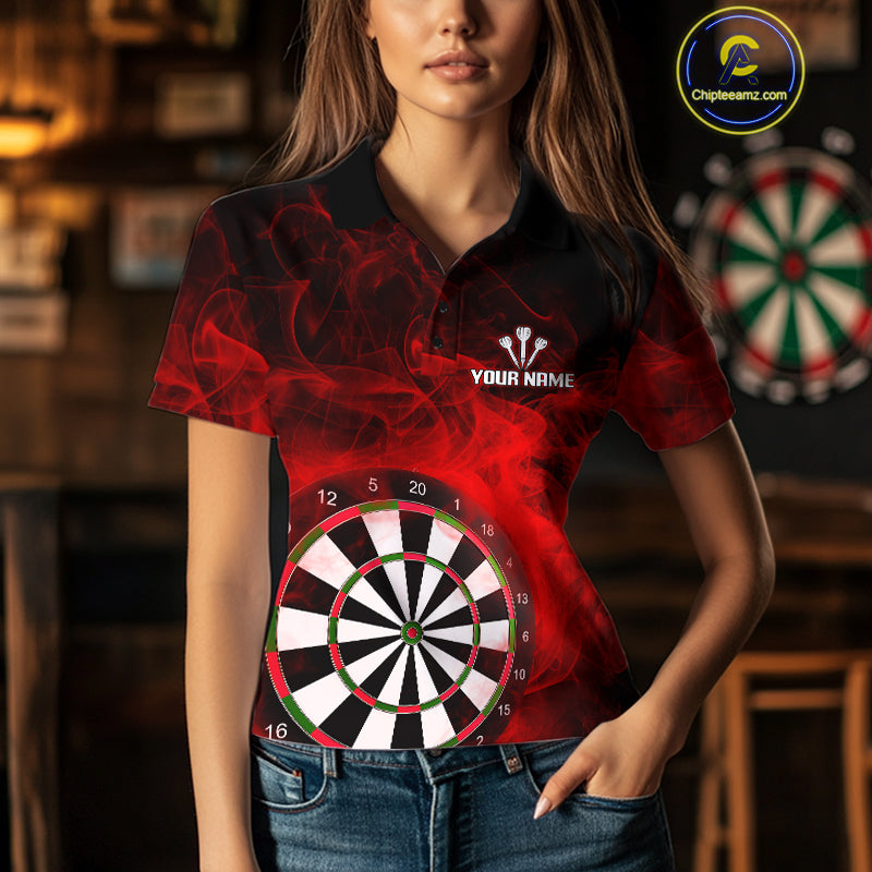 Red Smoke Dartboard & Multi Skulls Women's Darts Shirt - Custom Name For Players NYN0572