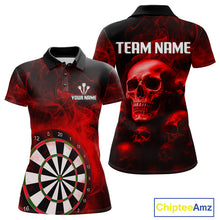 Load image into Gallery viewer, Red Smoke Dartboard &amp; Multi Skulls Women's Darts Shirt - Custom Name For Players NYN0572