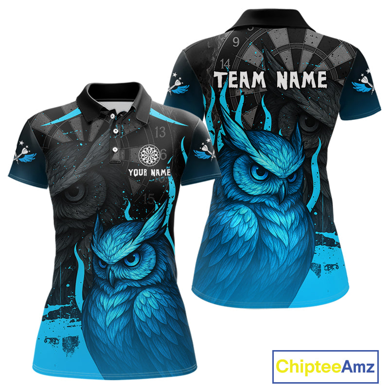 Women’s Darts Shirt With Navy Owl And Grunge Dartboard, Custom Name Option NYN0305