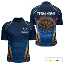 Load image into Gallery viewer, Men’s Custom Darts Team Shirt With Blue Grunge Texture And Fiery Dartboard NYN0312