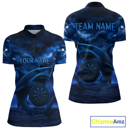 Women's Custom Darts Shirt - Cobalt Lightning Shark In Ocean With Dartboard And Arrow NYN0330