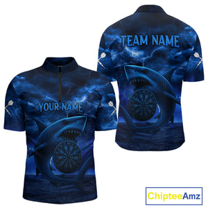 Men's Custom Darts Shirt - Cobalt Lightning Shark In Ocean With Dartboard And Arrow NYN0330
