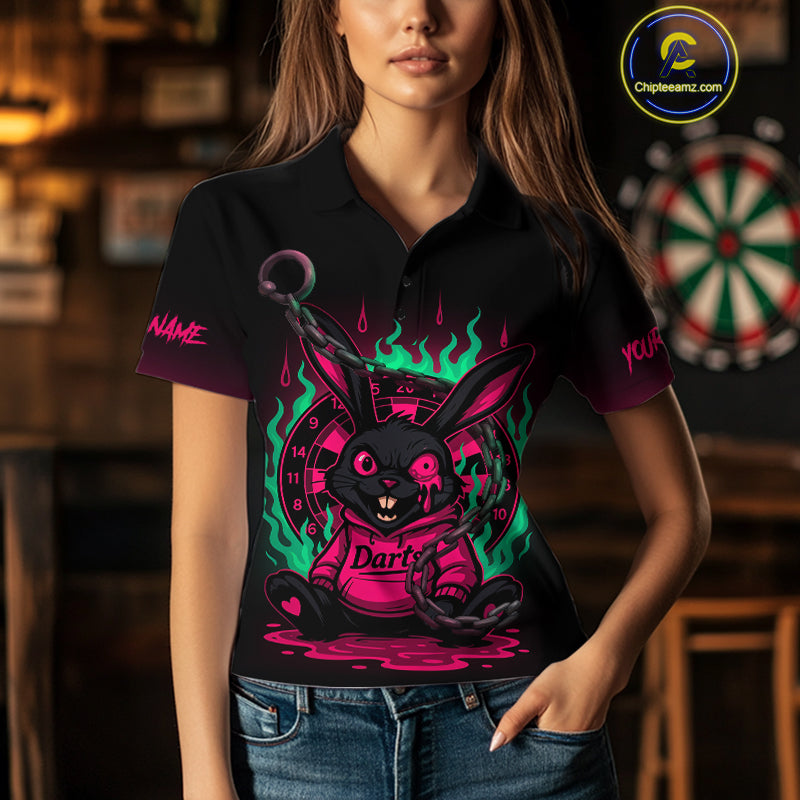 Flaming Rabbit & Pink Dartboard Darts Shirt For Women - Custom Name & Team Jersey NYN0593