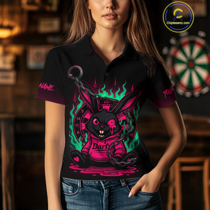 Flaming Rabbit & Pink Dartboard Darts Shirt For Women - Custom Name & Team Jersey NYN0593