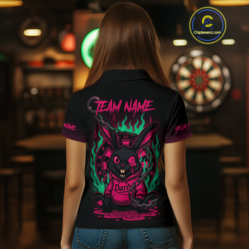 Flaming Rabbit & Pink Dartboard Darts Shirt For Women - Custom Name & Team Jersey NYN0593