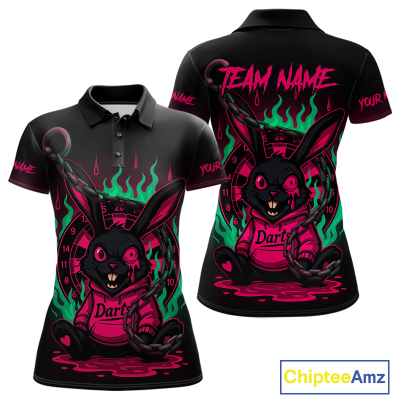 Flaming Rabbit & Pink Dartboard Darts Shirt For Women - Custom Name & Team Jersey NYN0593