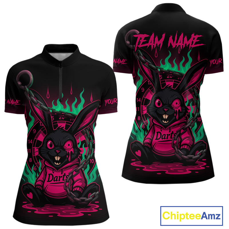 Flaming Rabbit & Pink Dartboard Darts Shirt For Women - Custom Name & Team Jersey NYN0593