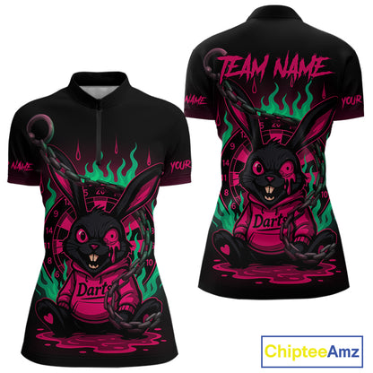 Flaming Rabbit & Pink Dartboard Darts Shirt For Women - Custom Name & Team Jersey NYN0593